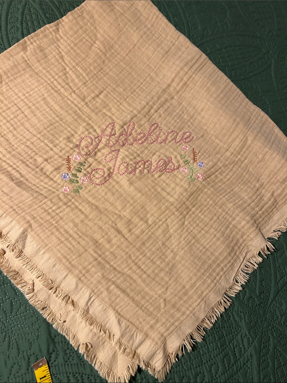 Beige Muslin Baby Blanket with Pink Embroidered Name Adeline James